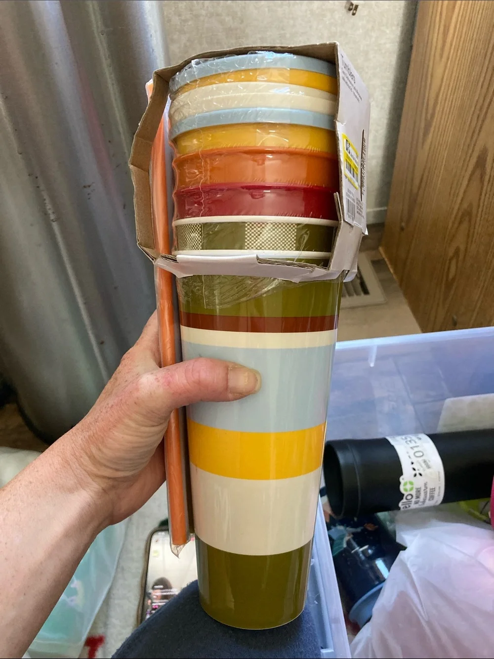 Striped Stackable Tumblers with Colorful Cover and Straws